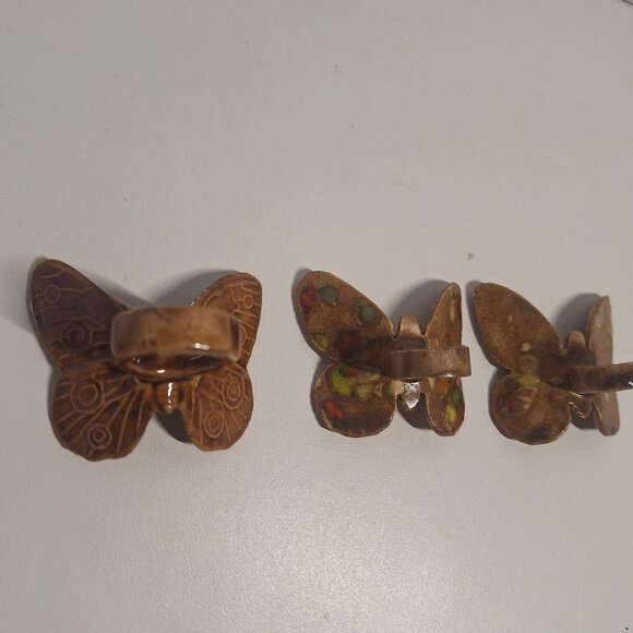 3 Vintage Brown Butterfly Ceramic Macrame Beads 70s w Orange Green Yellow Lot - Picture 4 of 8